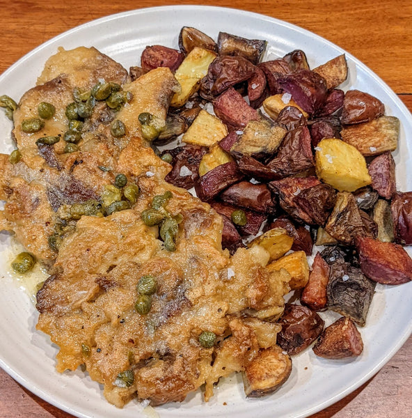 Vegan “Chicken” Piccata with Roasted Rainbow Potatoes
