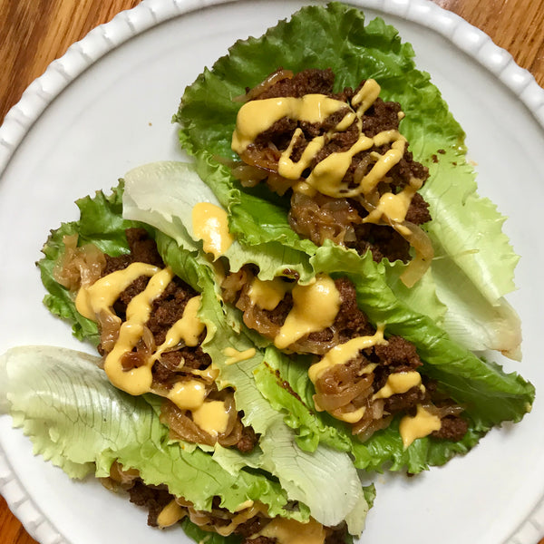 Spicy Beef Tacos in Lettuce Cups with Dairy Free Cheese Sauce