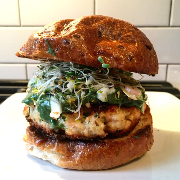 Salmon Burger with Green Ketchup and Cabbage Sprout Slaw