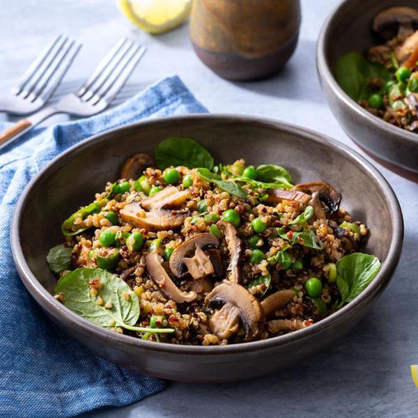 Mushroom quinoa with watercress, scallions, and peas