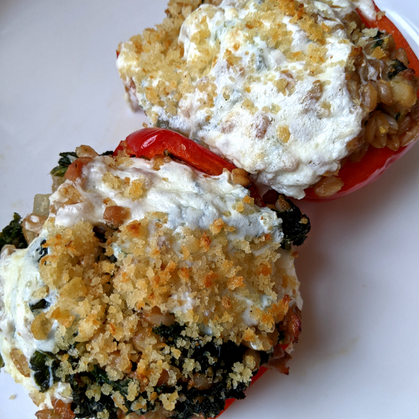 Sausage, Kale, and White Bean Stuffed Peppers with Farro