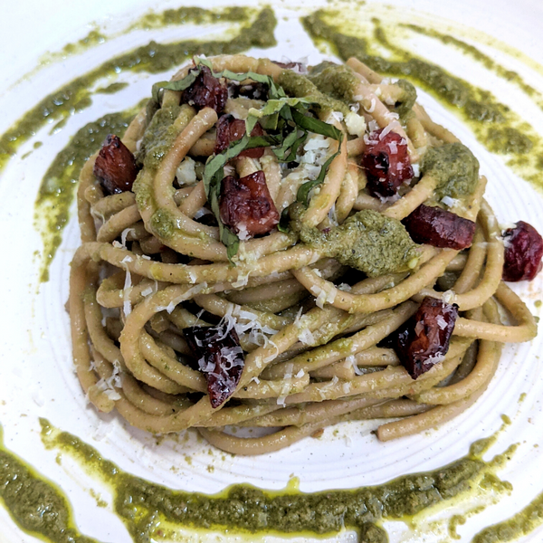 Pasta with Zero Waste Pesto and Vegetarian Caramelized Turnip “Pancetta”