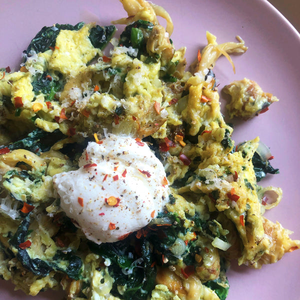 Ramp, Mushroom, and Mustard Green Scramble with Ricotta Cheese