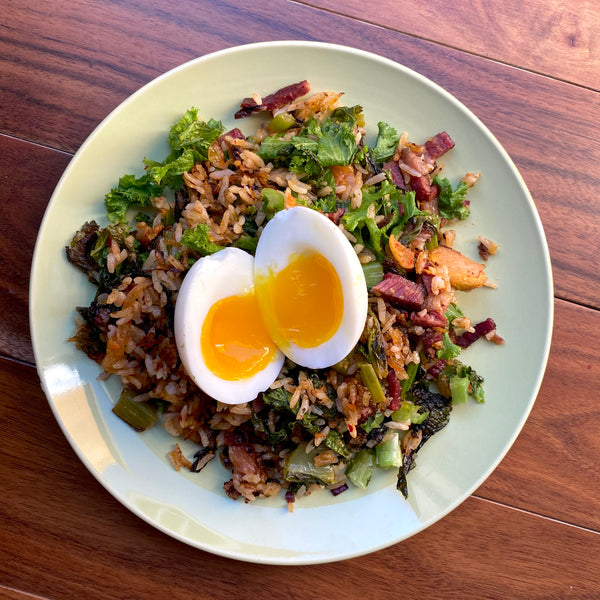 Pastrami Kimchi Fried Rice with Mustard Greens