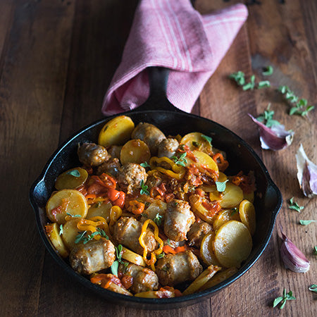 Sausages, Tomatoes, Peppers, And Potatoes In Padella