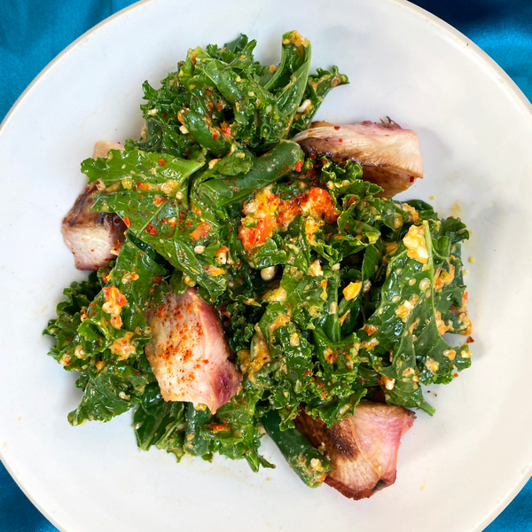 Kale Salad and Roasted Turnips with Charred Pepper Vinaigrette