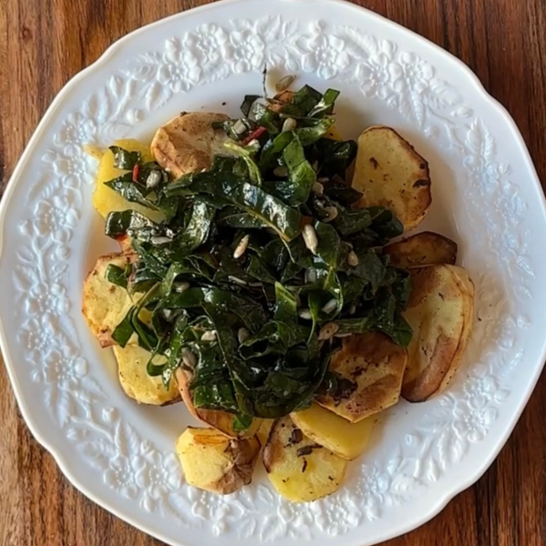 Garlic Lemon Potatoes with Swiss Chard Salad