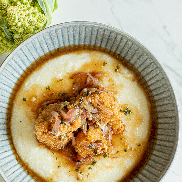 Fried Romanesco Cauliflower with Au Jus over Grits