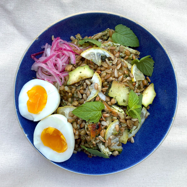 Zucchini & Chicken Spelt Berry Grain Bowls with Salsa Verde