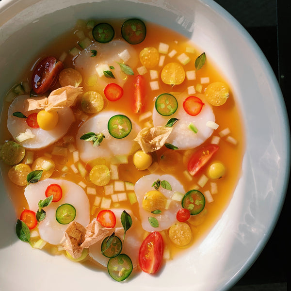 Scallop Crudo with Ground Cherries and Cucumber