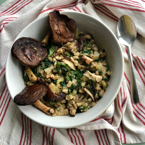 Herb Farro Risotto with Arugula and Roasted Mushrooms