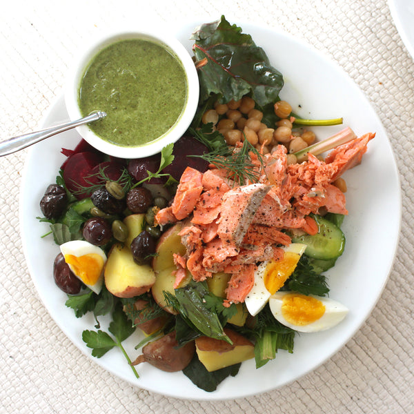 Salmon Niçoise Salad with Root Vegetables and Carrot Top Vinaigrette