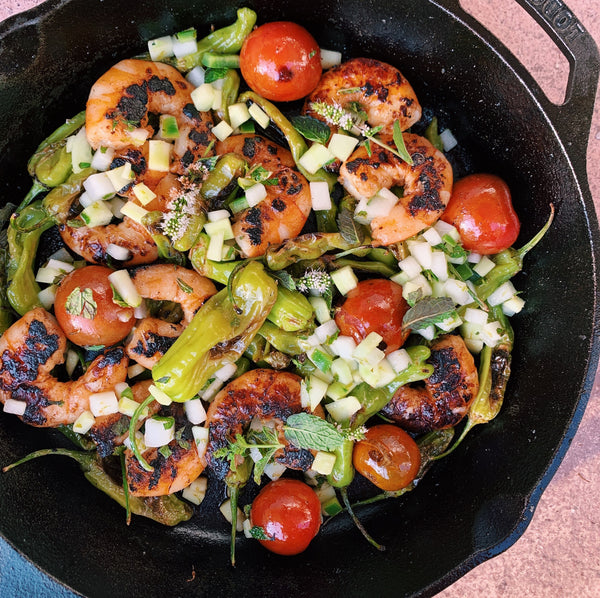 Charred Shrimp and Shishitos with a Cucumber-Honeydew Relish