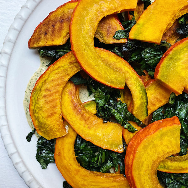 Roasted Kabocha Squash with Dill Sauce and Sautéed Purple Mizuna