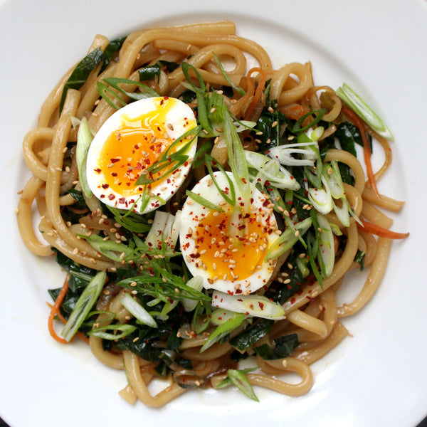 Yaki Udon with Collard Greens & Soft Boiled Egg